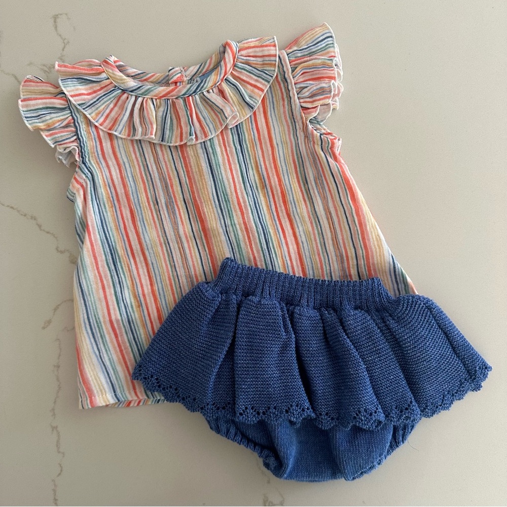 Striped Ruffled Top with Blue Knit Bloomers